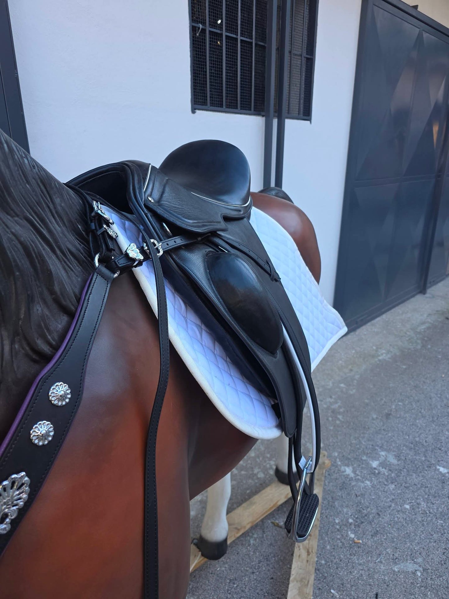 SELLA DRESSAGE IN CUOIO NERO CON BORDI E CICITURE BIANCHI