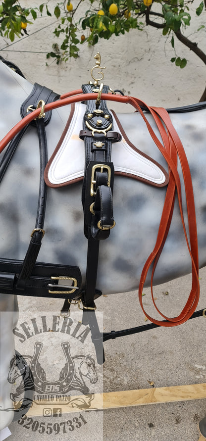 FINIMENTO IN CUOIO NERO LUCIDO CON BOX CUOIO INCISO E ACCESSORI OTTONE RITAGLIATI