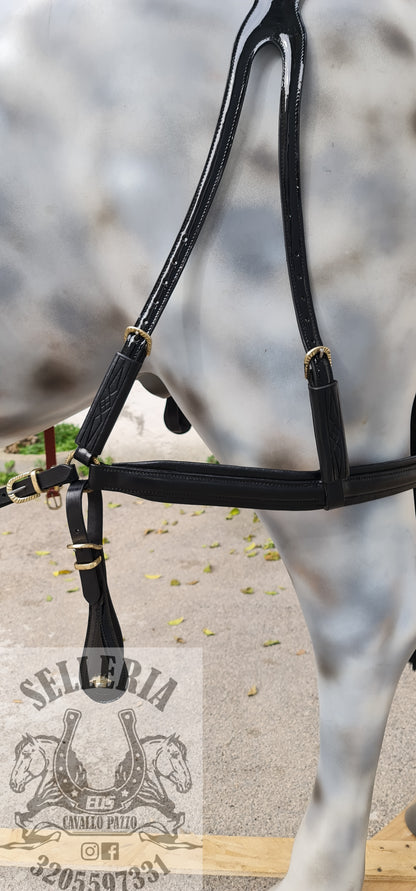 FINIMENTO IN CUOIO NERO LUCIDO CON BOX CUOIO INCISO E ACCESSORI OTTONE RITAGLIATI