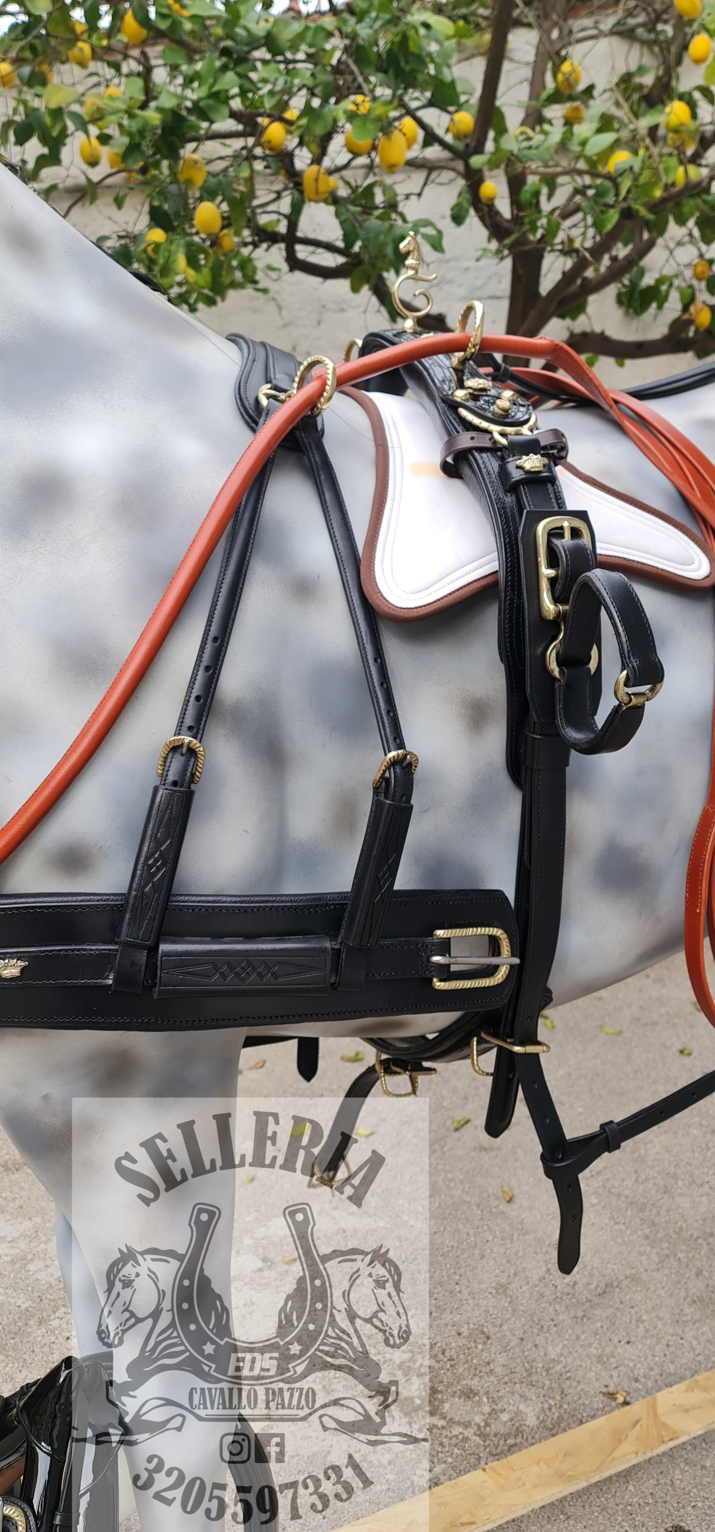 FINIMENTO IN CUOIO NERO LUCIDO CON BOX CUOIO INCISO E ACCESSORI OTTONE RITAGLIATI