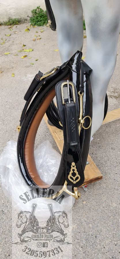 FINIMENTO IN CUOIO NERO LUCIDO CON BOX CUOIO INCISO E ACCESSORI OTTONE RITAGLIATI