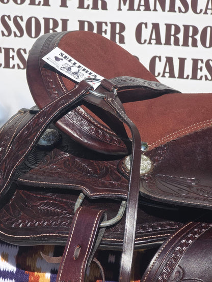 Sella western in cuoio inciso marrone scuro
