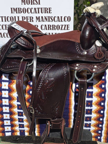 Sella western in cuoio inciso marrone scuro