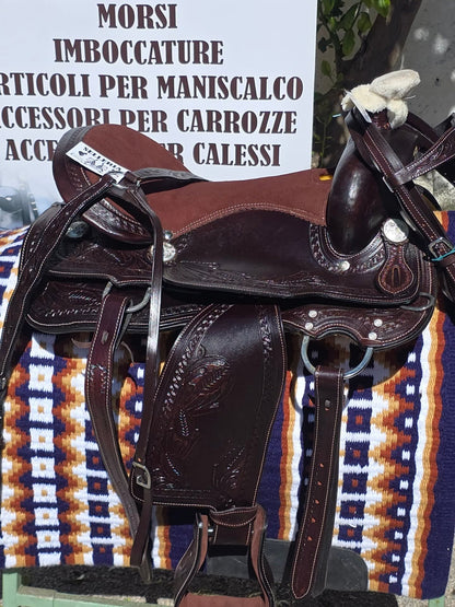 Sella western in cuoio inciso marrone scuro