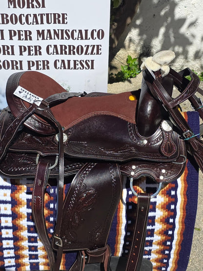 Sella western in cuoio inciso marrone scuro